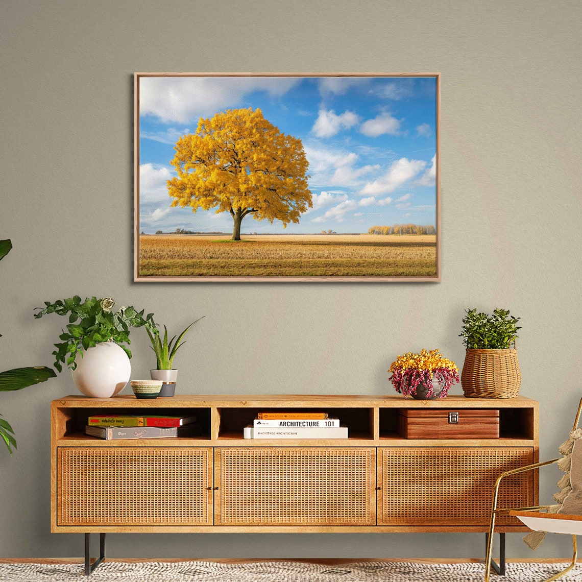Lone Golden Tree In Open Field Under Blue Sky Nature Photo Poster - Image 3