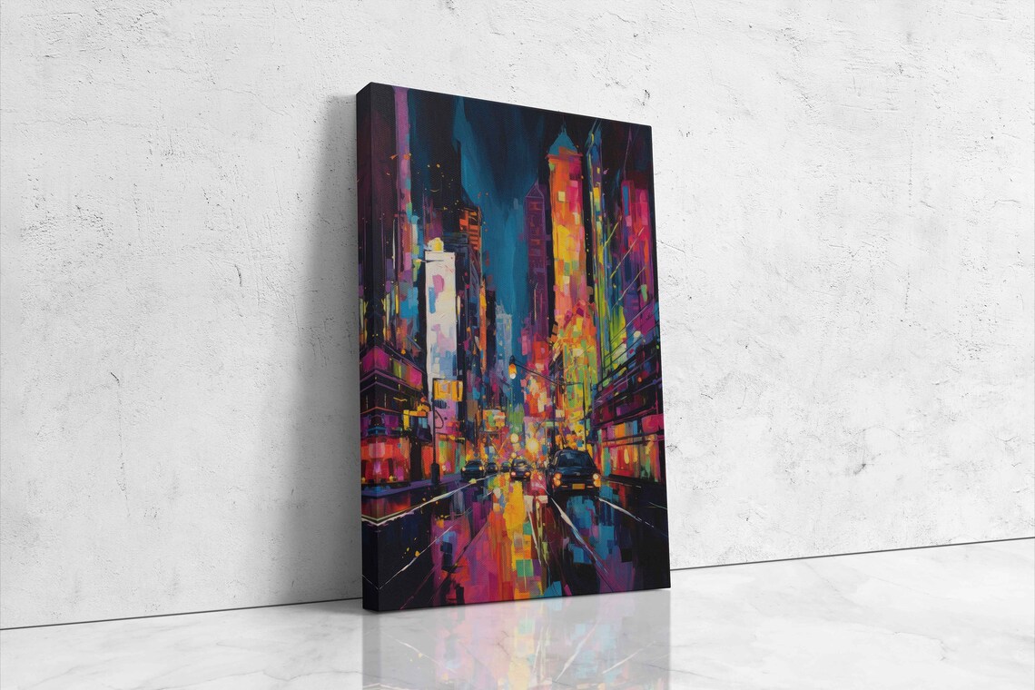 Rainy Neon City Street Avenue Night Glow Urban Painting Poster - Image 4