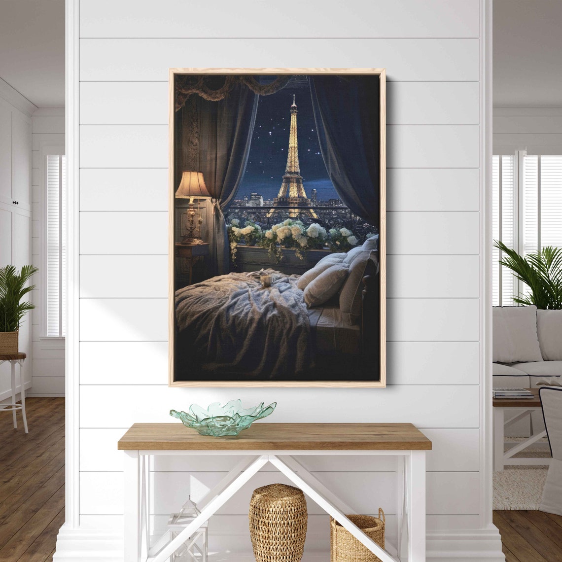 Eiffel Tower Through Window Wall Art Print Paris Nightscape French Town Starry Sky Ready To Hang