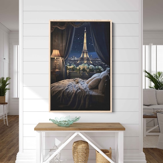 Eiffel Tower Paris Night View Cozy Bedroom Window Starry Sky Travel Poster