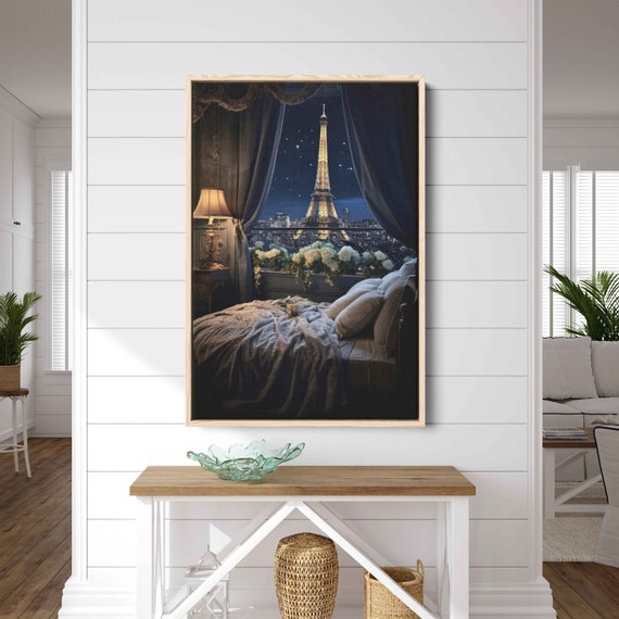 Eiffel Tower Through Window Wall Art Print Paris Nightscape French Town Starry Sky Ready To Hang