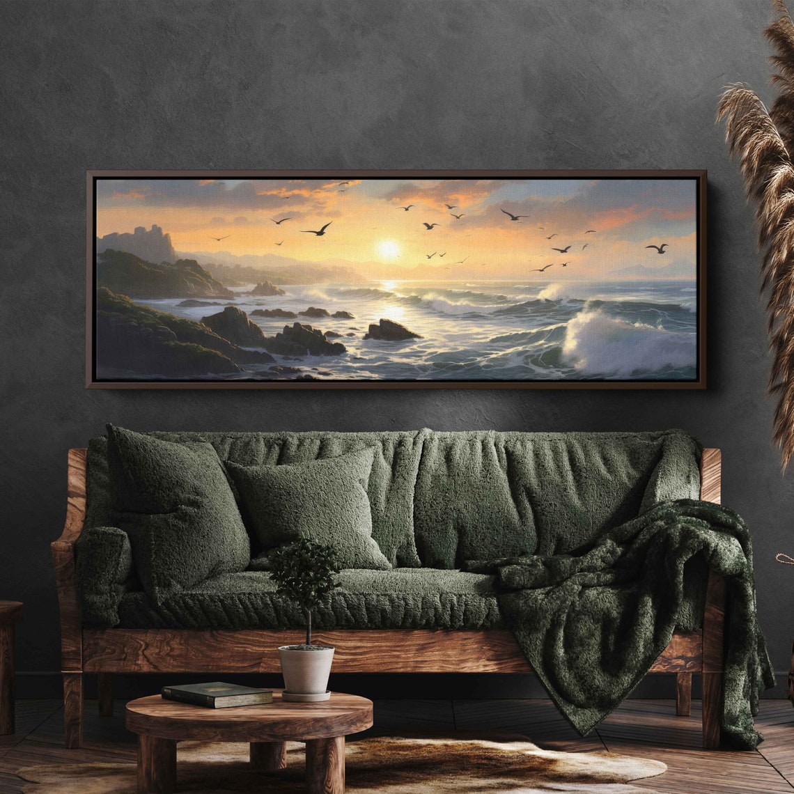 Rocky Coastline Sunrise Seagulls Crashing Ocean Waves Panoramic Poster