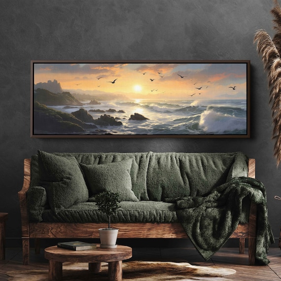 Rocky Coastline Sunrise Seagulls Crashing Ocean Waves Panoramic Poster