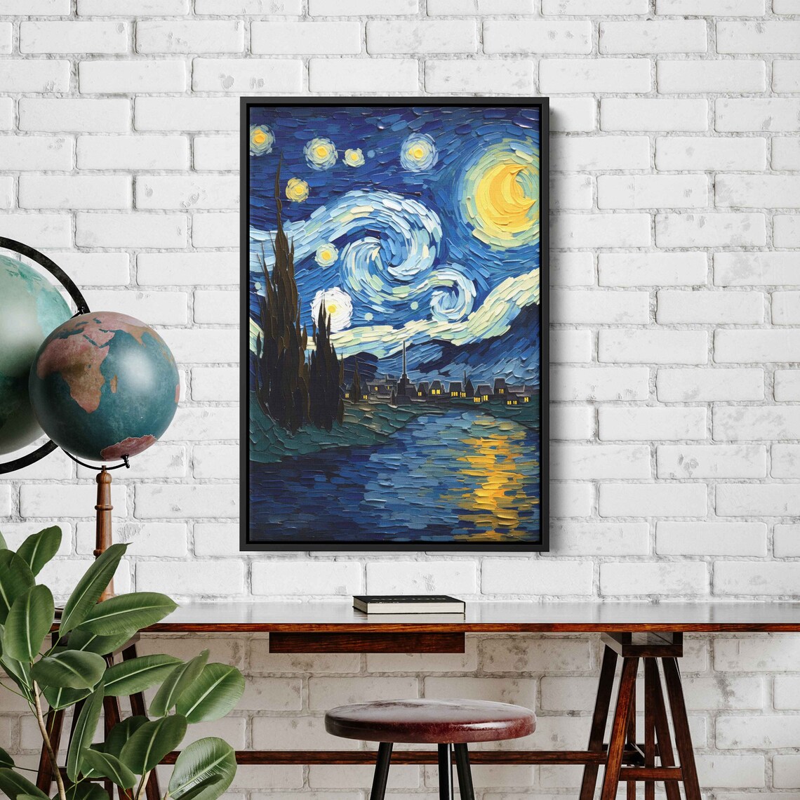 Van Gogh Inspired Starry Night Village River Cypress Painting Art Poster