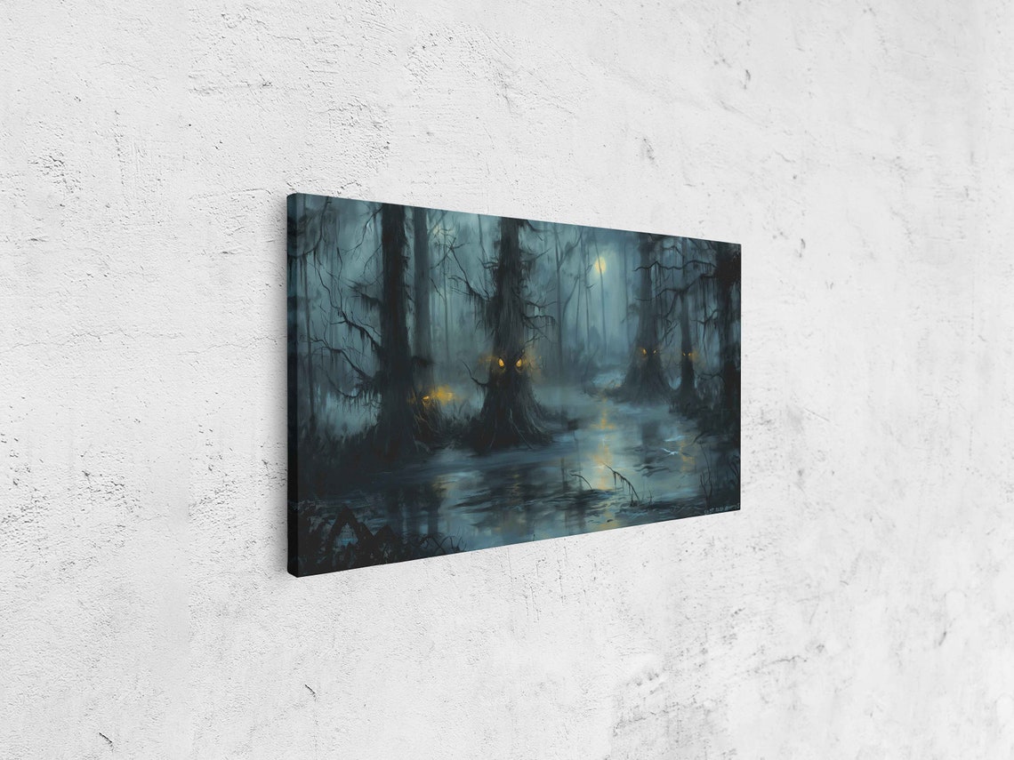 Misty Swamp Glowing Eyes Mangled Trees Foggy Moonlit Night Wall Art - Image 4