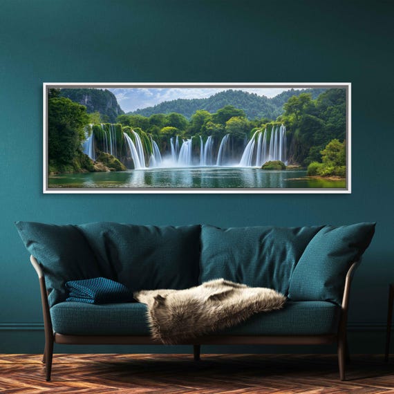 Cascading Waterfall Wall Art Print Lush Greenery Natures Power Vibrant Flora