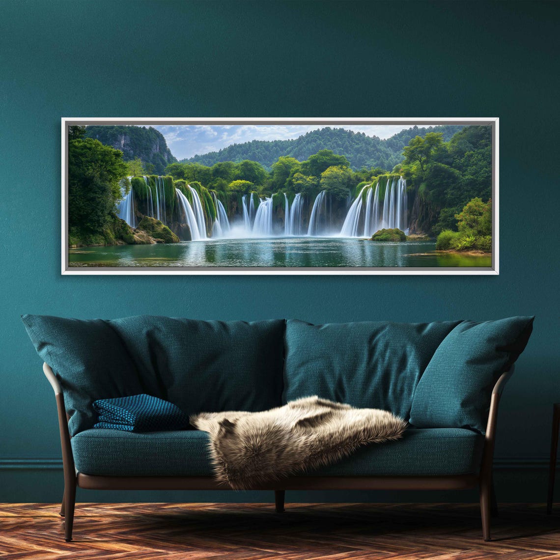 Cascading Waterfall Wall Art Print Lush Greenery Natures Power Vibrant Flora