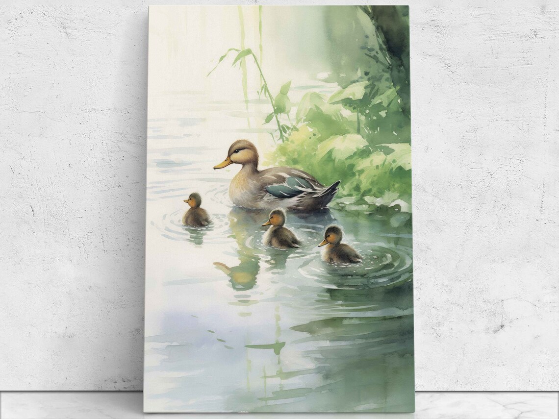 Mama Duck and Ducklings Watercolor Pond Swimming Wildlife Art Poster