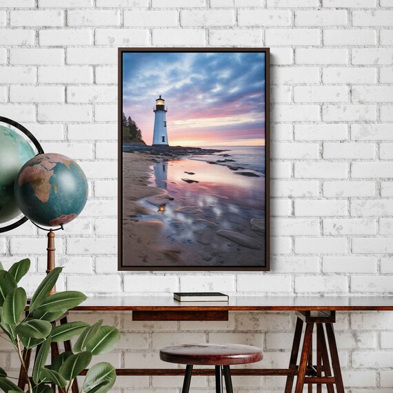 Lighthouse Rocky Coast Sunset Pink Sky Ocean Reflection Seascape Travel Poster