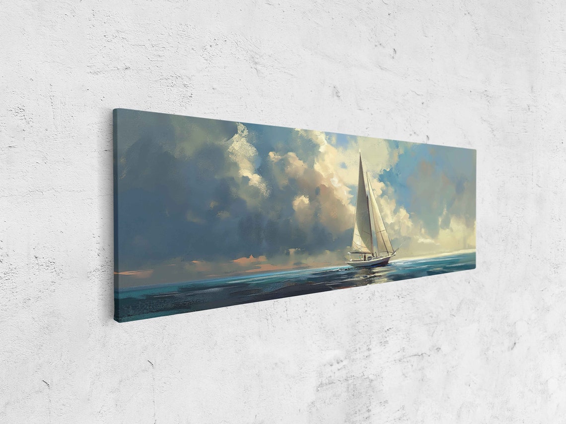 Sailboat Gliding Open Sea Dramatic Cloudy Sky Seascape Painting Poster - Image 4