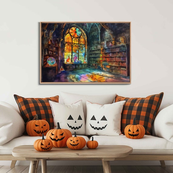 Whimsical Witches Magical Library With Moonlight Shining Through Stained Glass Watercolor Wall Art Print Ready To Hang