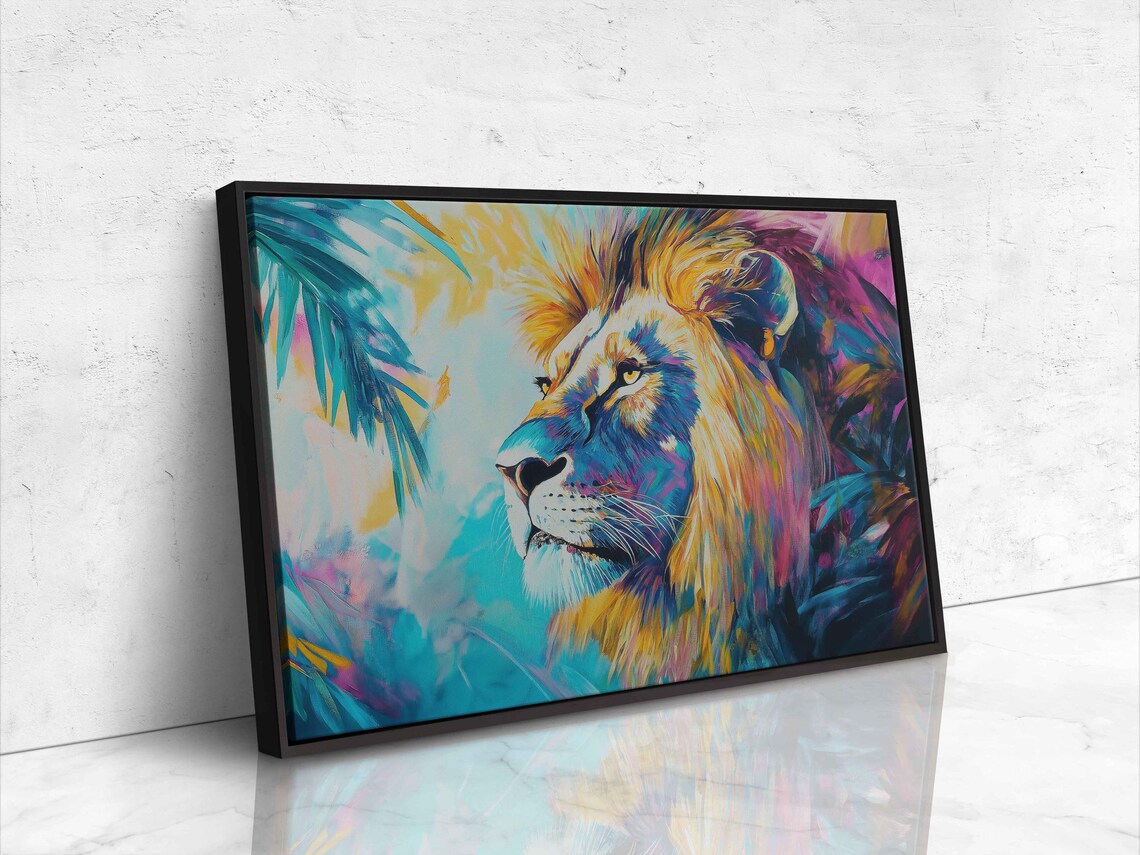 Majestic Lion Portrait Vibrant Acrylic Tropical Palm Colorful Art Poster - Image 4