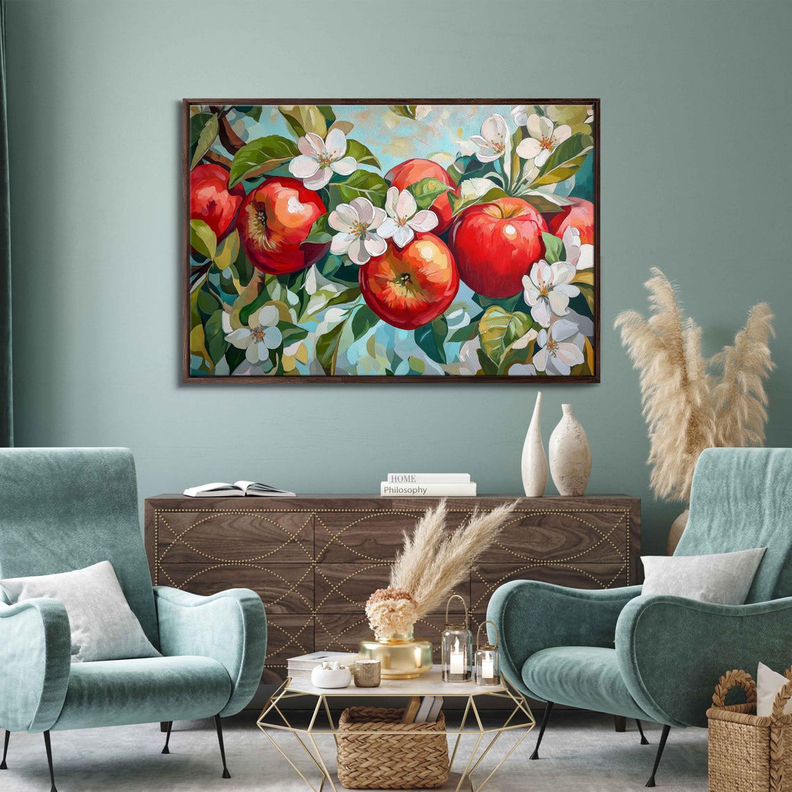 Ripe Red Apples White Apple Blossoms Green Orchard Art Print Poster - Image 3
