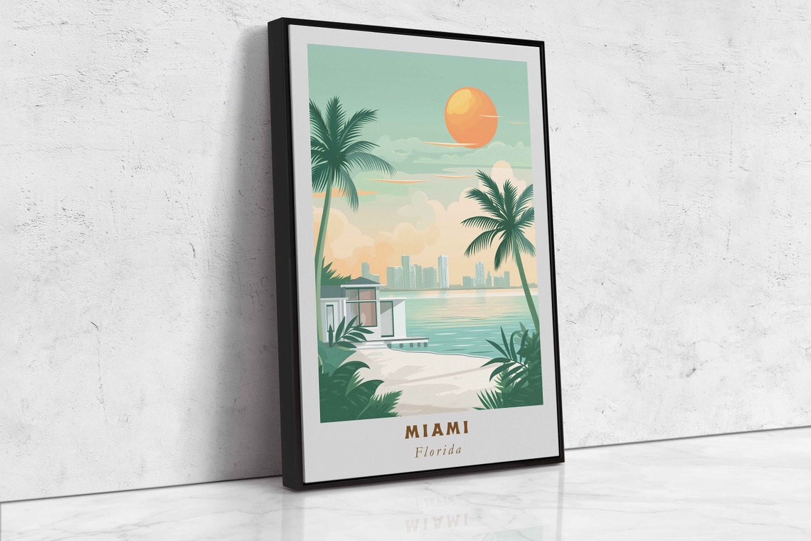 Miami Florida Beach Palm Trees Bay Skyline Sunset Travel Poster - Image 2