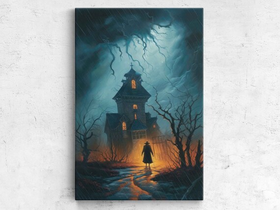 Haunted Victorian House Storm Night Lantern Figure Gothic Art Poster