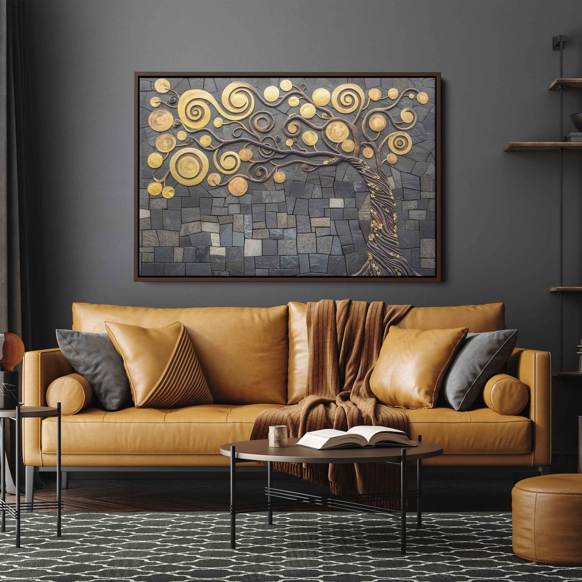 Bauerngarten By Klimt Bas Relief Style Inspired Wall Art Print Gold Trimmed Tree Sculpture Painting Ready To Hang - Image 3