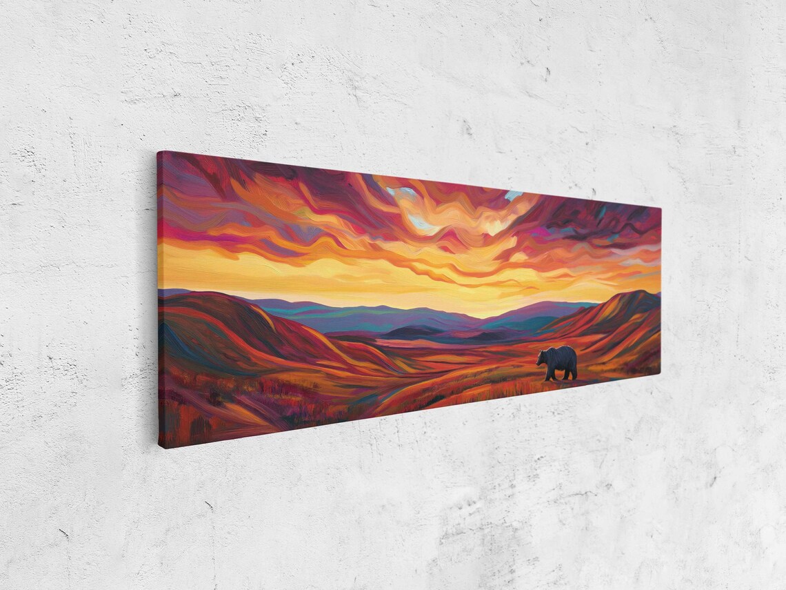Grizzly Bear In Tundra Bold Colorful Sunset Oil Painting Art Poster - Image 4