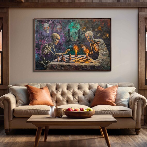 Skeletons Playing Chess Candlelit Crypt Haunted Skull Halloween Poster