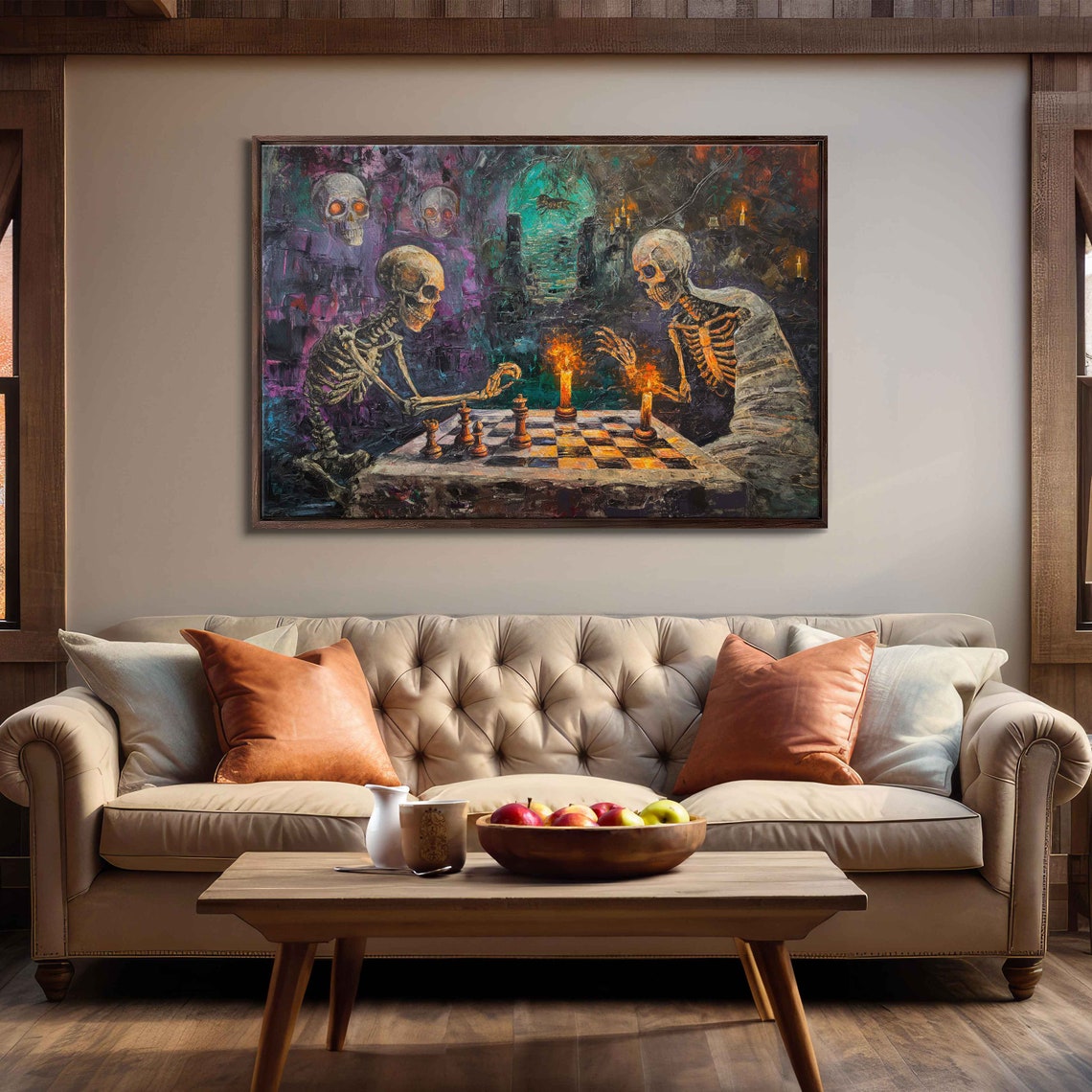 Skeletons Playing Chess Candlelit Crypt Haunted Skull Halloween Poster