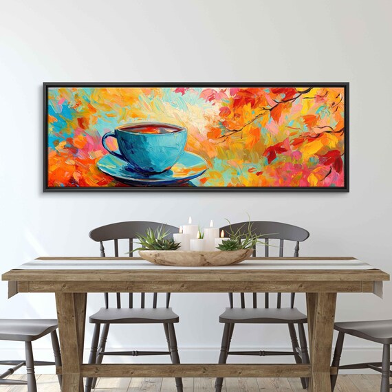 Blue Teacup Amid Fiery Autumn Leaves Colorful Painting Art Print