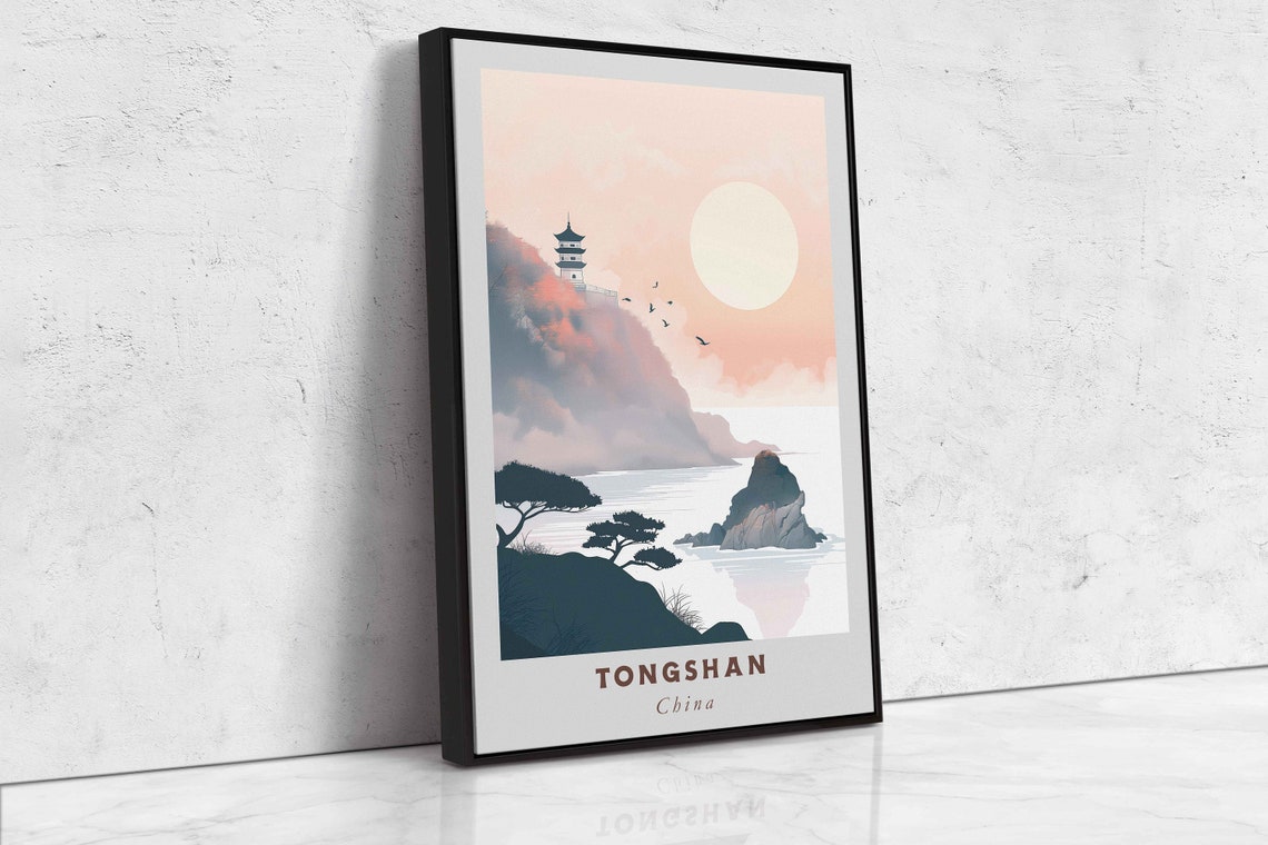 Tongshan China Cliffside Pagoda Sunrise Minimalist Travel Poster - Image 2
