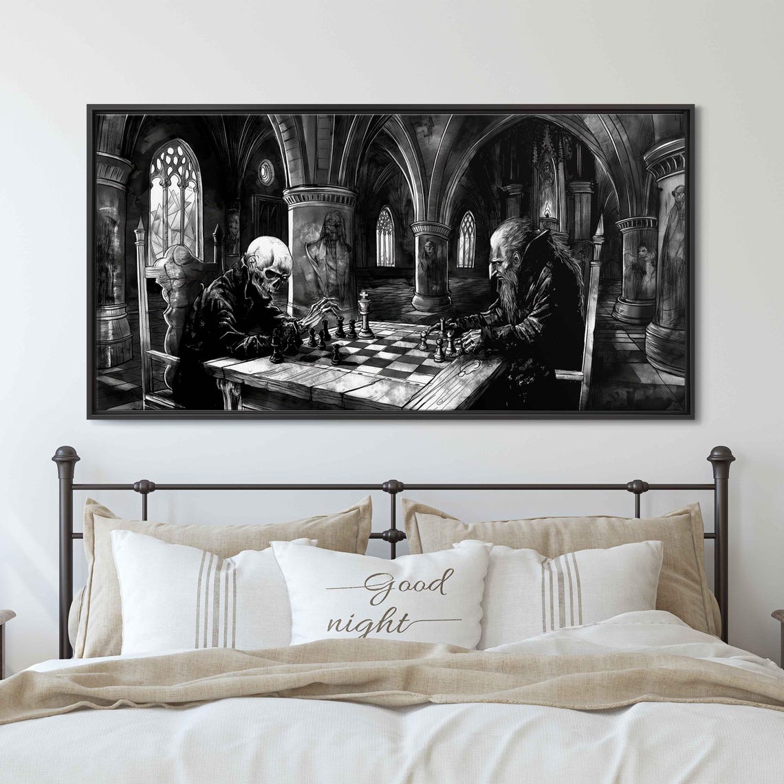 Skeleton And Ghoul Playing Chess In Gothic Hall Dark Spooky Ink Poster - Image 3