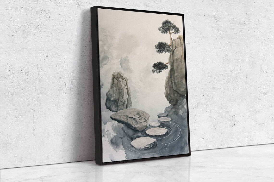 Japanese Zen Stepping Stones Over Water Cliff Pine Tree Watercolor Print - Image 4