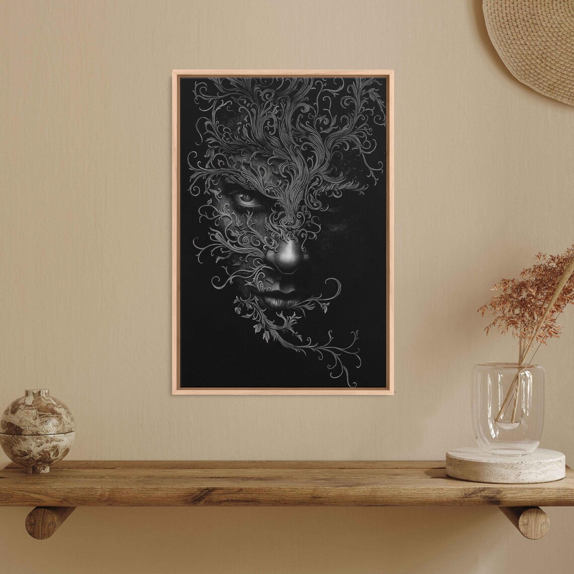 Mysterious Gothic Face Emerging From Ornate Filigree Swirls Monochrome Art Poster - Image 3