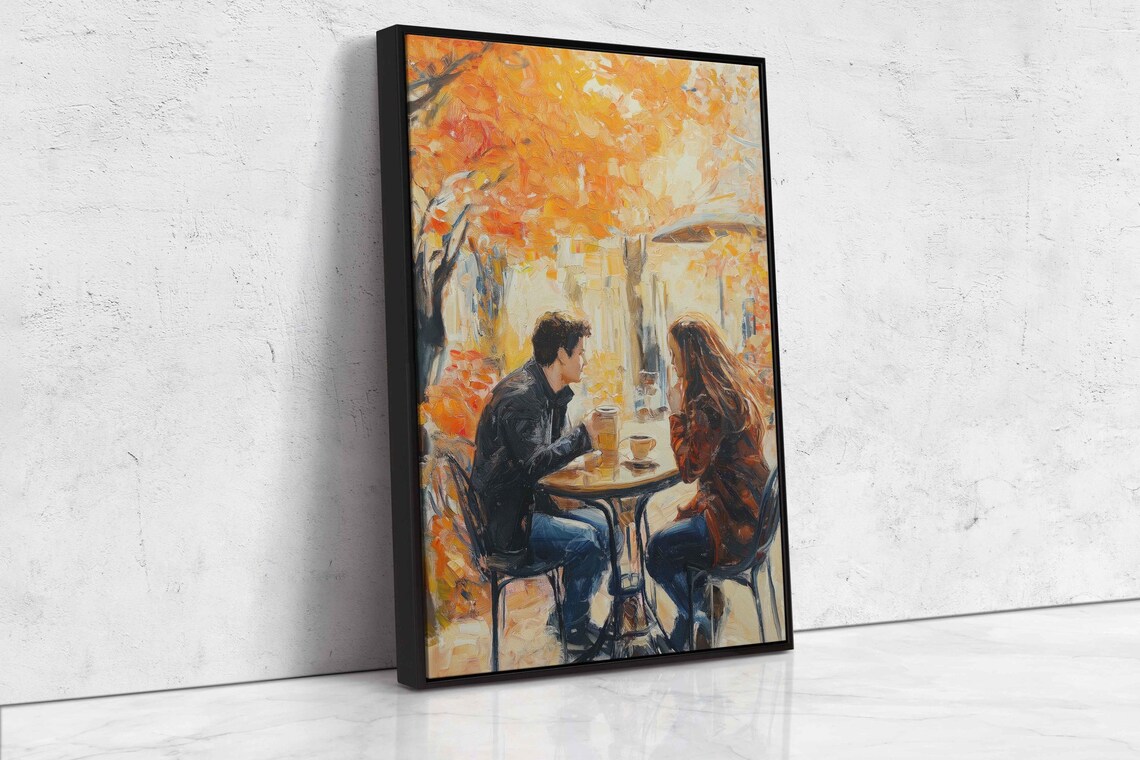 Couple Drinking Coffee At Outdoor Cafe In Autumn Leaves Art Poster - Image 4