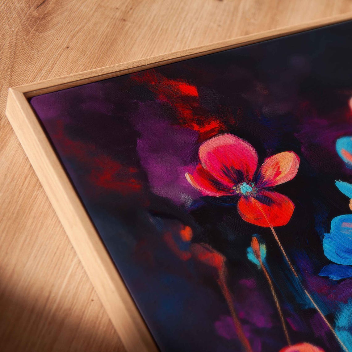Neon Poppies Red Blue Wildflowers Night Dark Floral Art Poster - Image 2