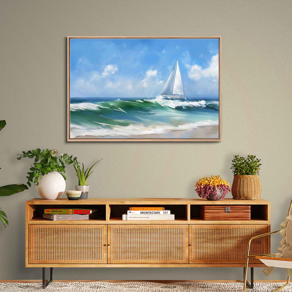 Sailboat Riding Green Ocean Waves Dynamic Seascape Wall Poster - Image 3