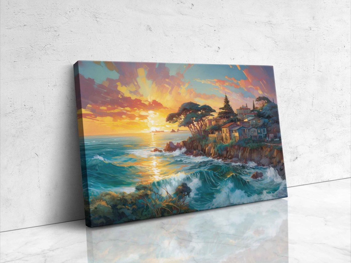 Coastal Cliff Town Sunset Ocean Waves Luminous Oil Painting Poster - Image 4