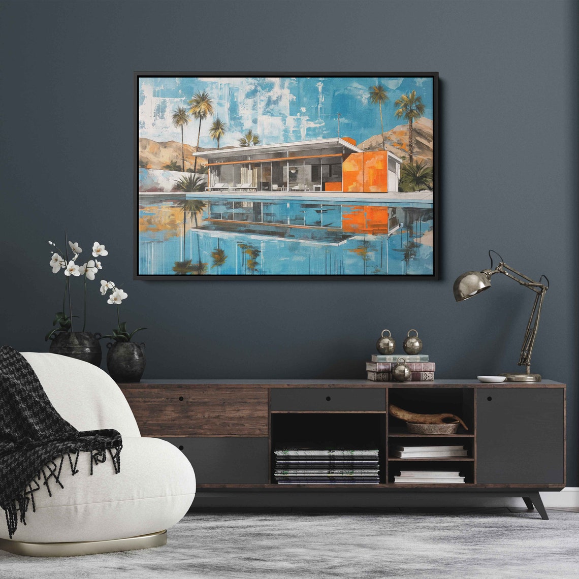 Mid Century Modern House With Pool Palm Trees Painting Art Poster - Image 2