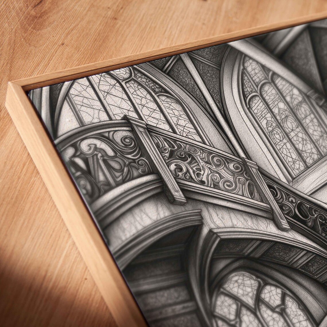Winding Ornate Gothic Staircase With Stained Glass Spooky Ink Art Poster - Image 2