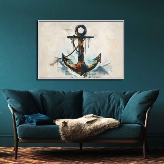 Watercolor Ship Anchor Navy Orange Brush Drips Nautical Wall Poster
