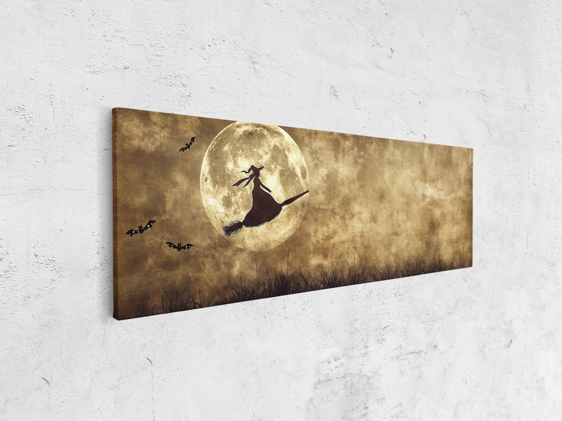 Witch Riding Broomstick Across Full Moon Bats Vintage Halloween Print - Image 4