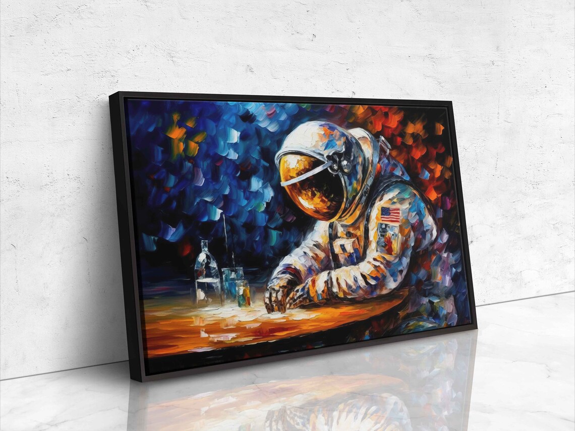 Astronaut At Bar Drinks Moody Colorful Palette Knife Oil Painting Art Print - Image 4