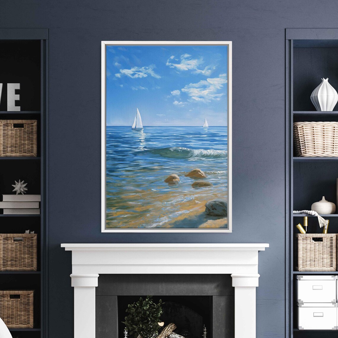 White Sailboats Gliding Across Bright Blue Ocean Sunny Day Painting Poster