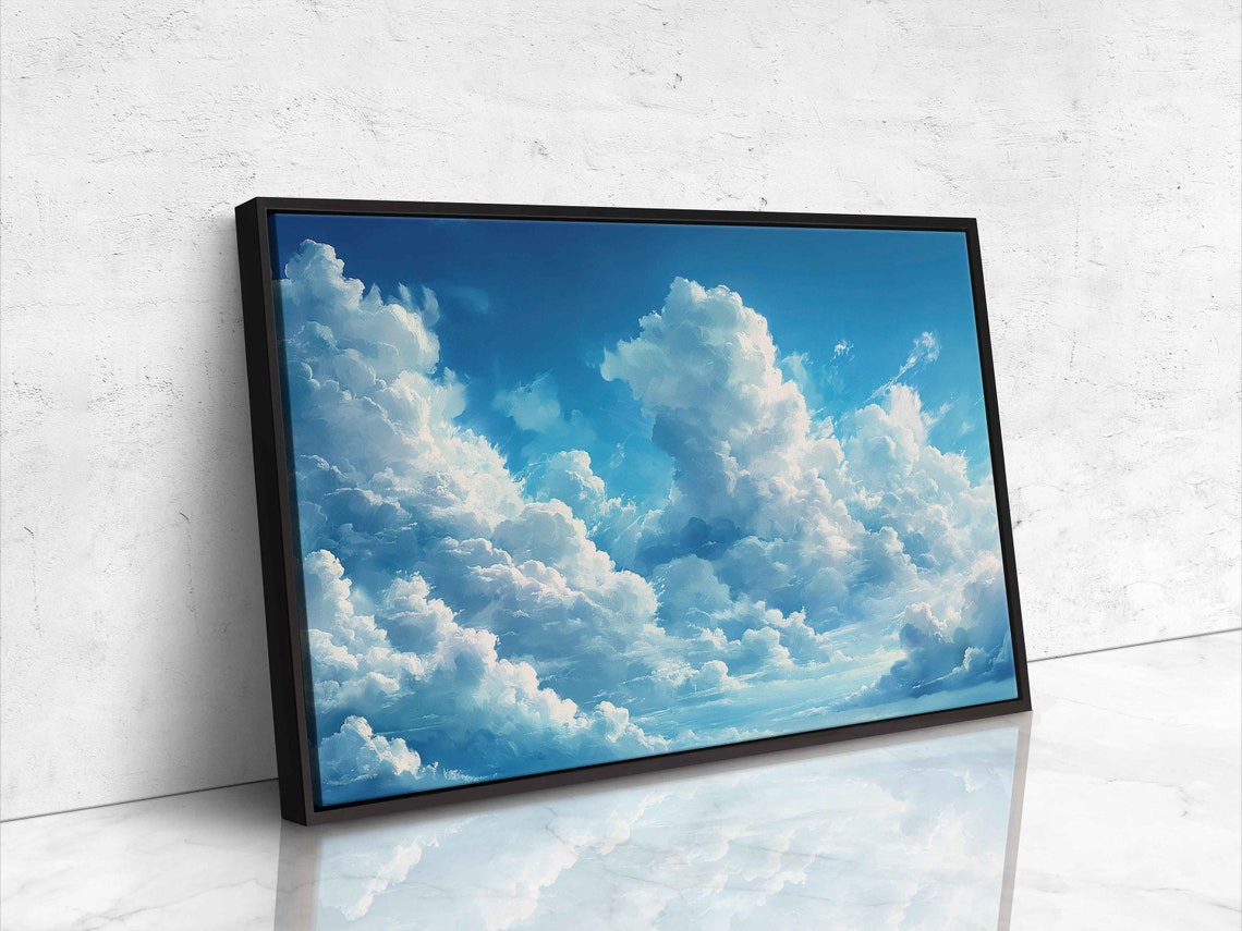 Fluffy White Clouds Blue Sky Wall Art Print Ready To Hang - Image 4