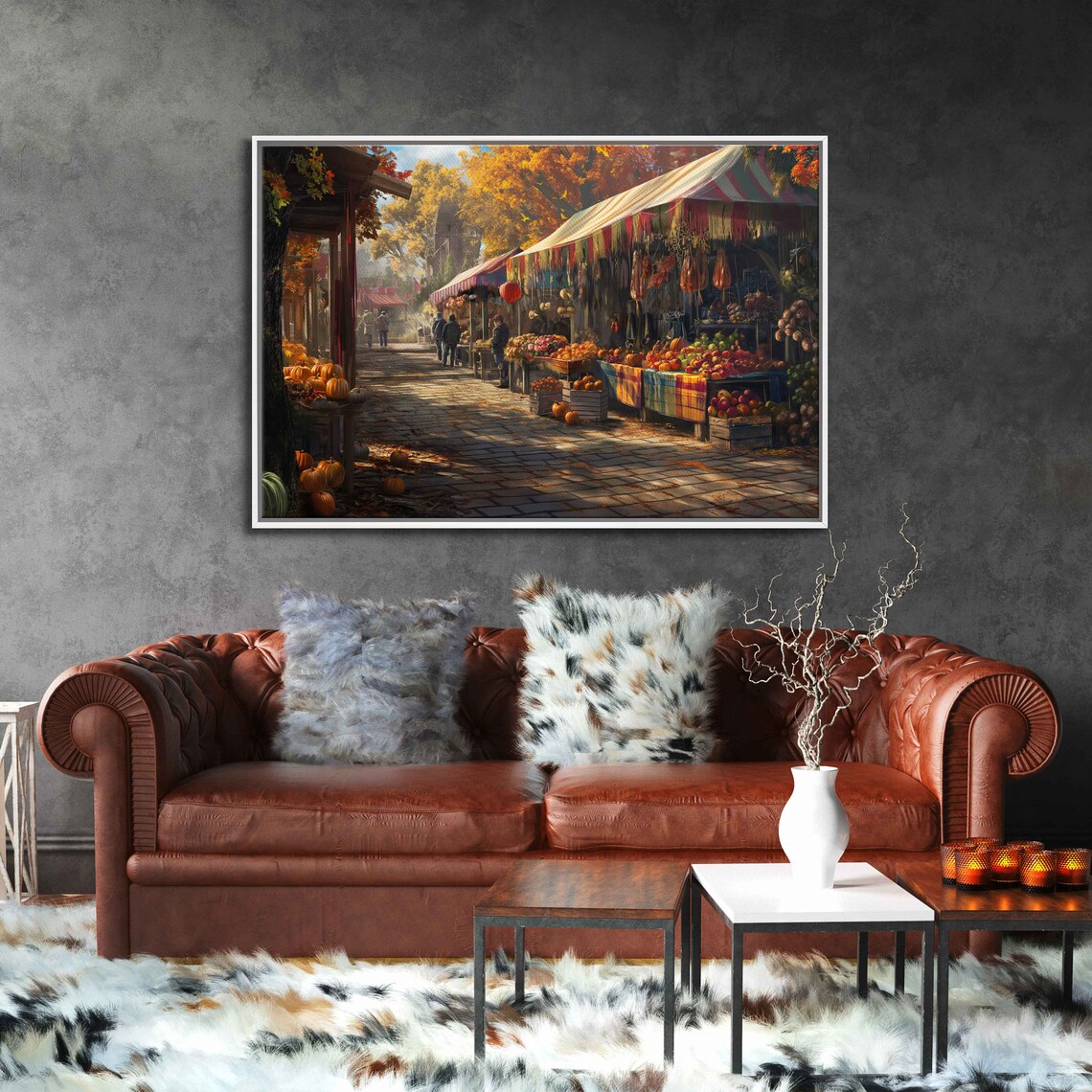 Autumn Farmers Market Cobblestone Street Harvest Stalls Festive Poster