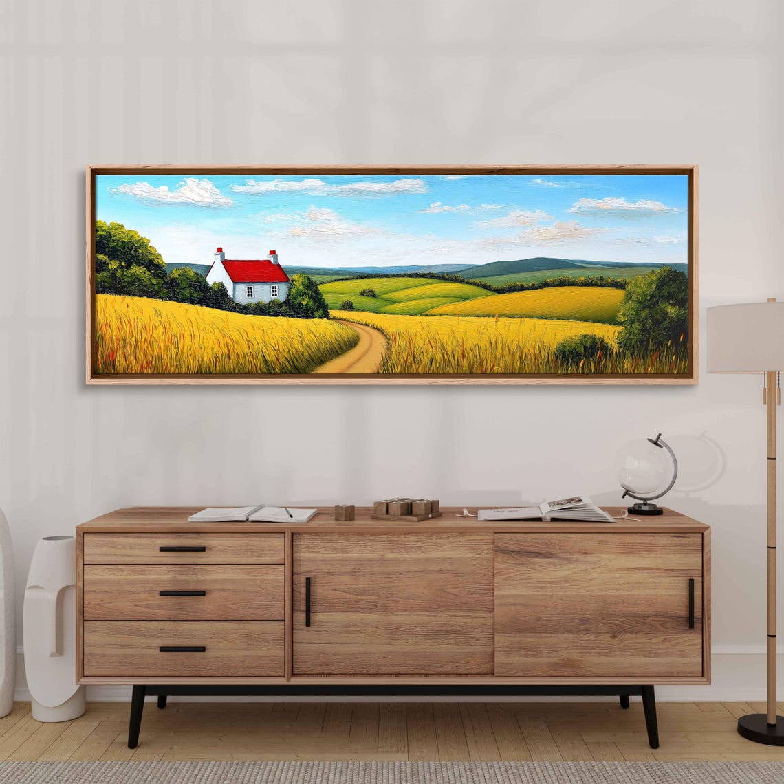 White Cottage With Red Roof In Golden Fields Panoramic Poster