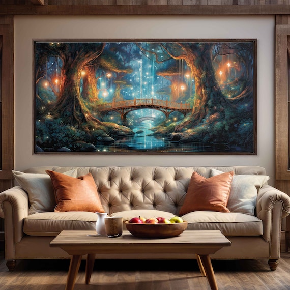 Enchanted Firefly Forest With Bridge Fantasy Art Framed Print Ready To Hang Panoramic Painting