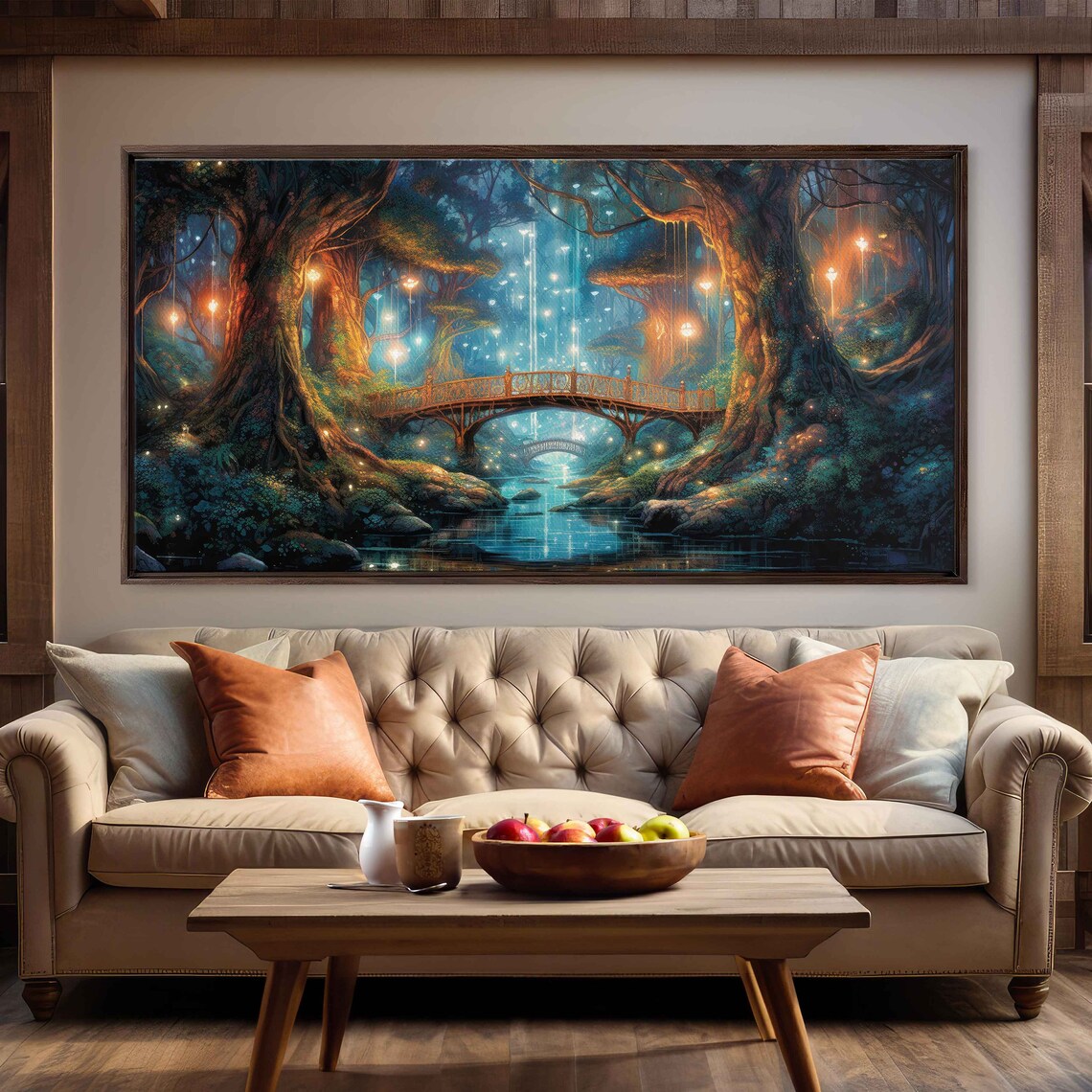 Enchanted Firefly Forest With Bridge Fantasy Art Framed Print Ready To Hang Panoramic Painting