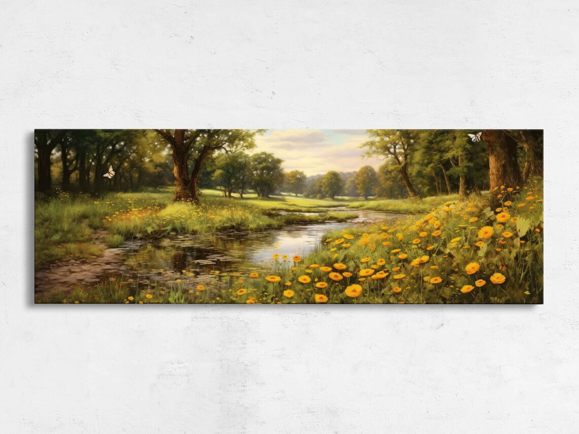 Panoramic Yellow Daises In A Quiet Forest Modern Oil Painting Framed Print Ready To Hang River Stream