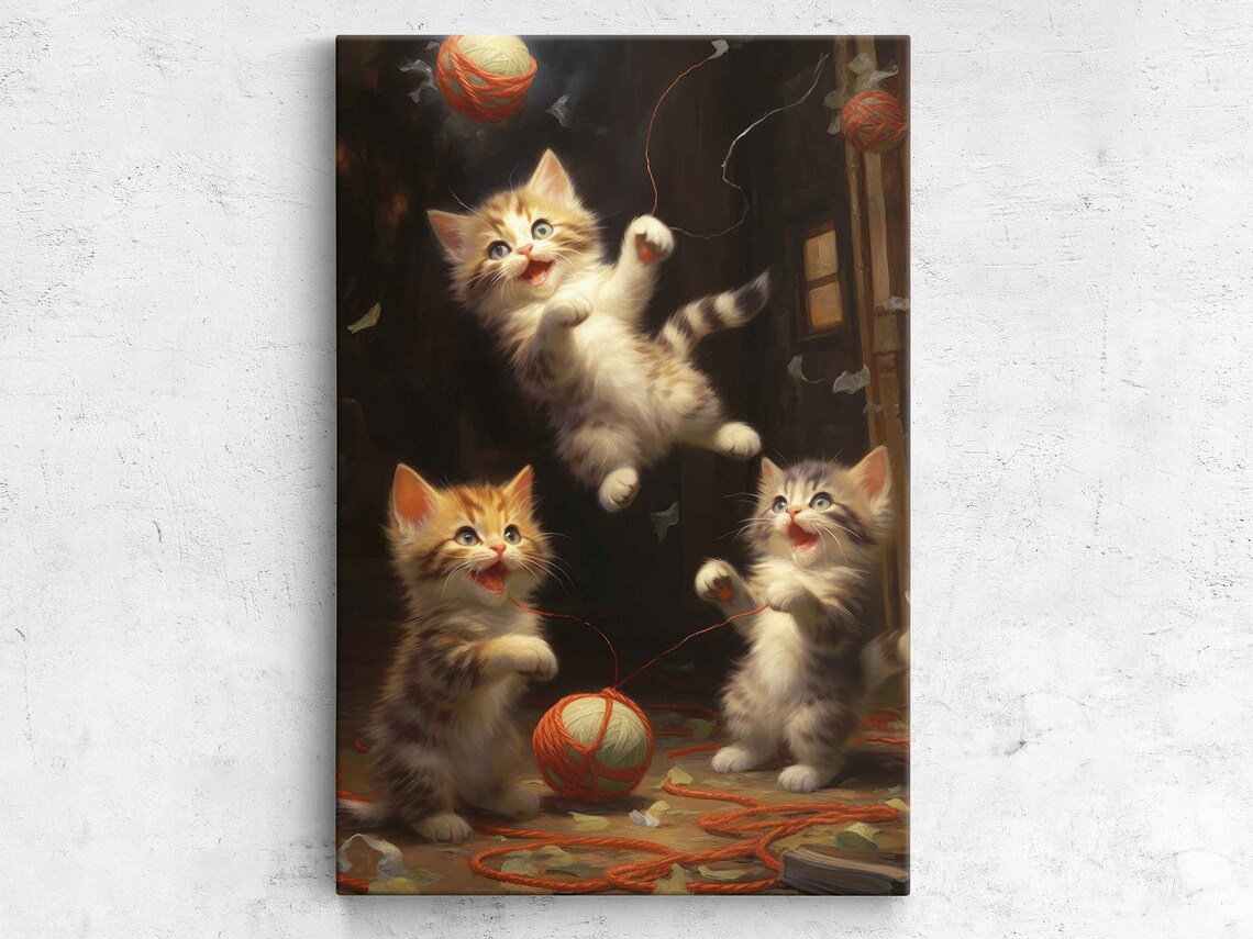 Kittens Playing With Yarn Balls Wall Art Print