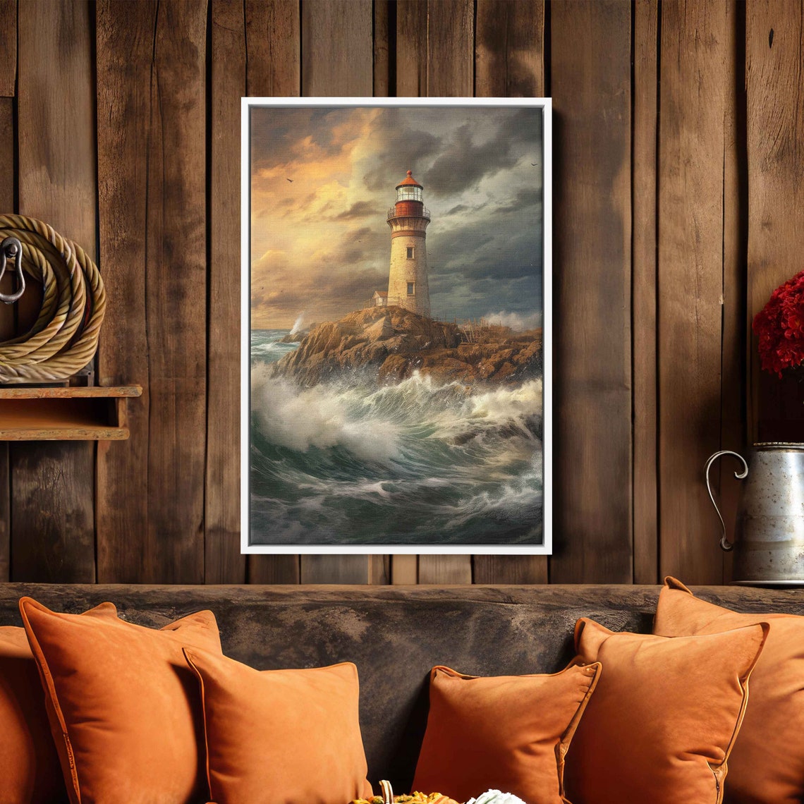 Stormy Lighthouse Rocky Cliff Golden Sky Waves Crashing Ocean Poster - Image 2