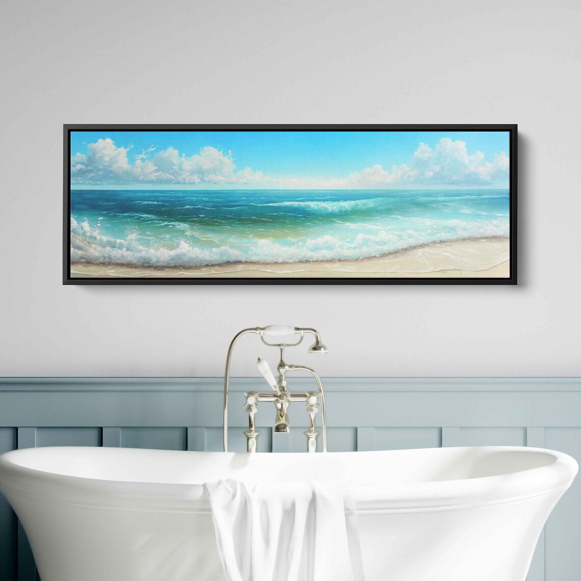 Beautiful Beach Blue Waves Panoramic Oil Painting Cloudy Sky Ocean Poster - Image 3