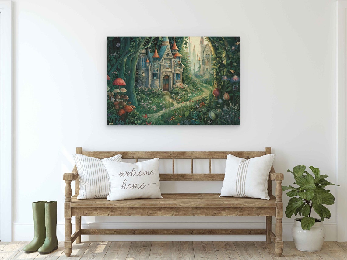 Fairy Tale Castle Enchanted Forest Mushroom Garden Fantasy Art Poster - Image 2