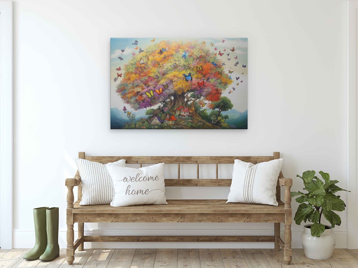 Rainbow Tree Of Life With Colorful Butterflies Fantasy Landscape Print - Image 2