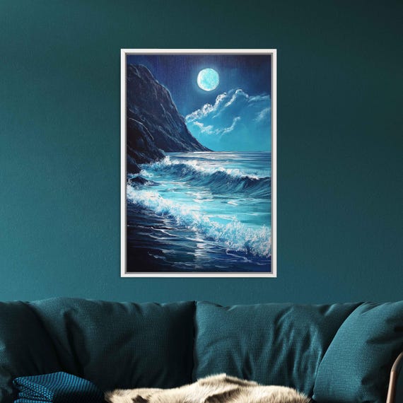 Moonlit Cliffside Surf Waves Wall Art Print Rolling Waves Ocean Decor Gift For Surfer Ready To Hang